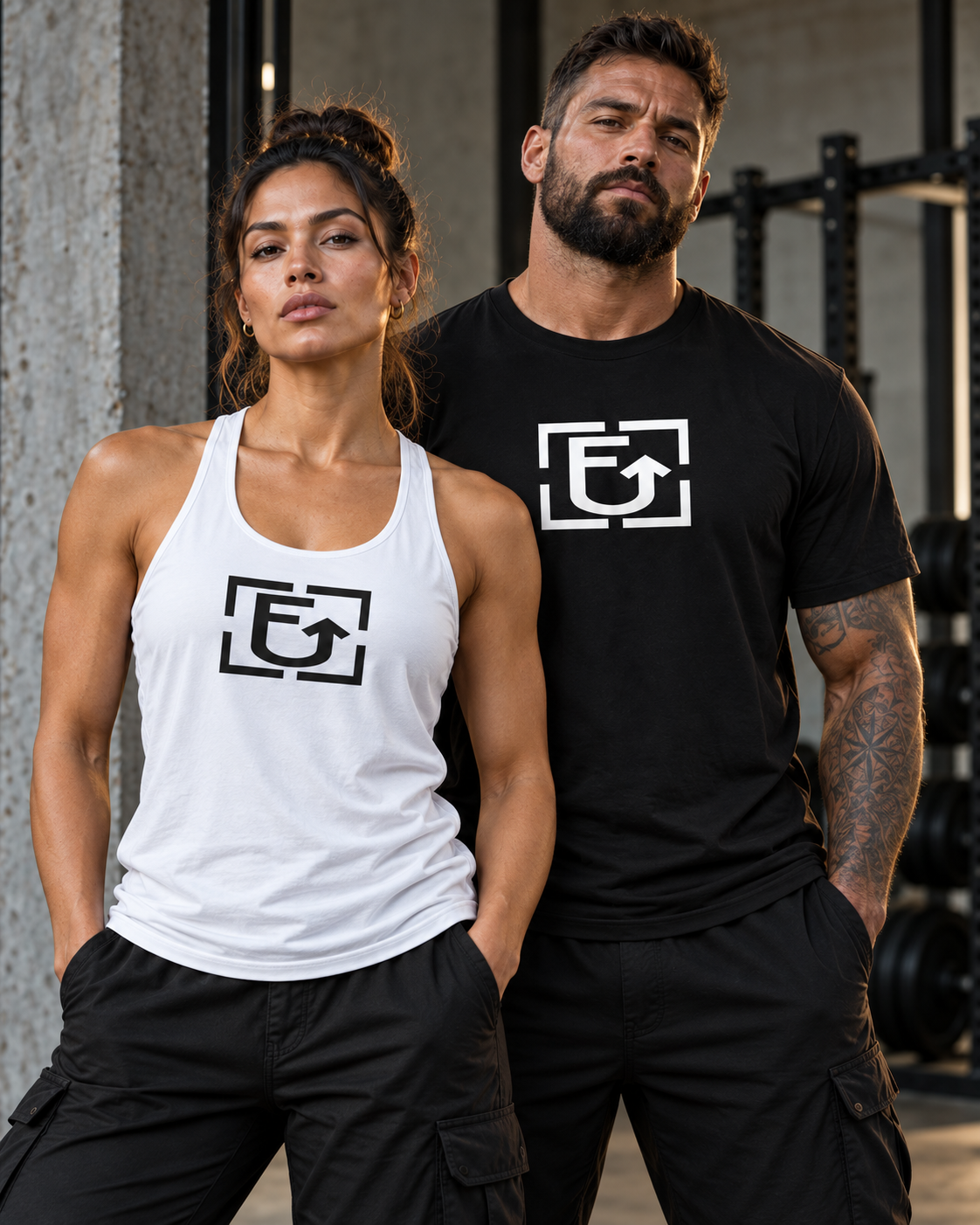FUUP campaign featuring a woman in a white tank and a man in a black logo tee