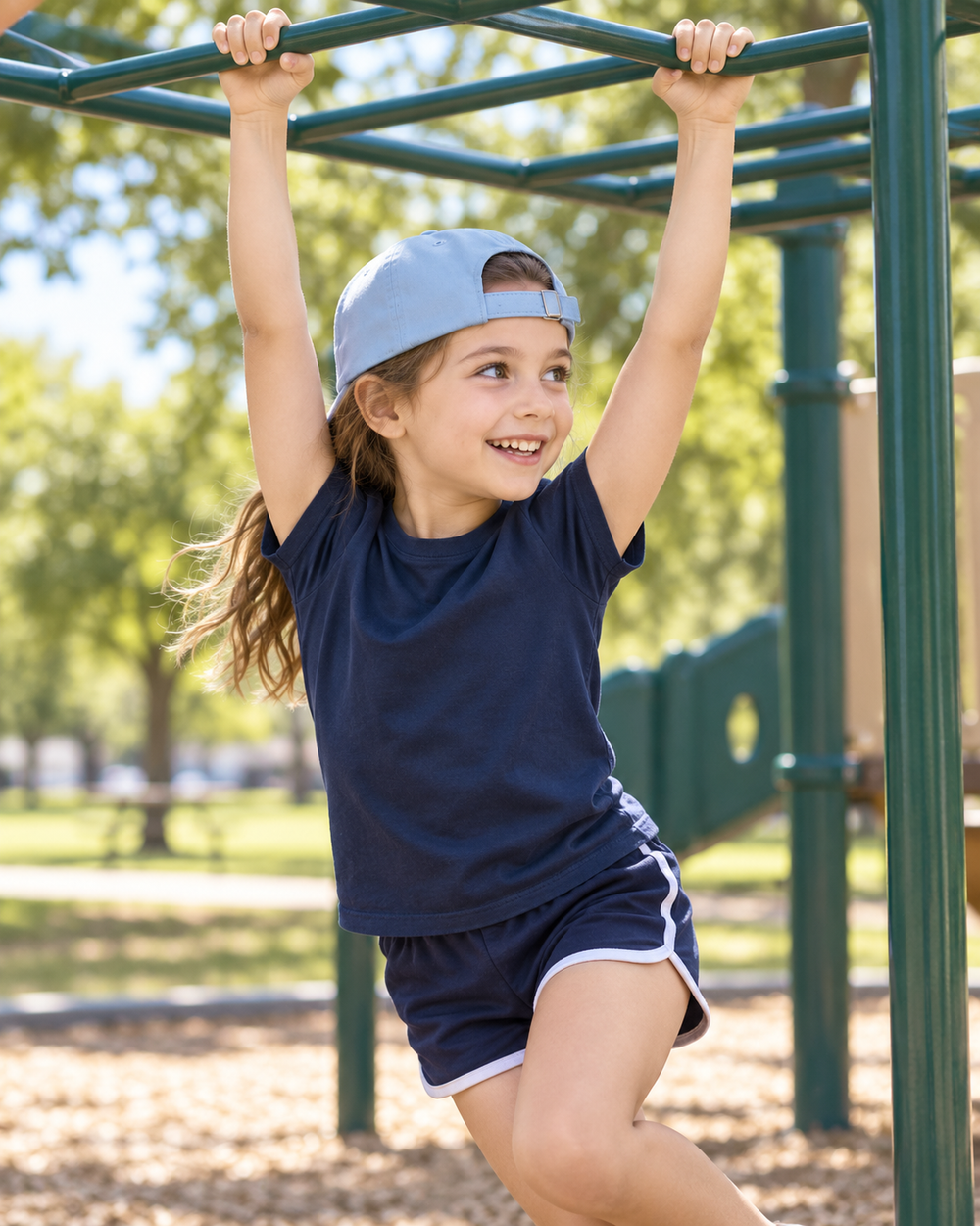 Girl on monkey bars wearing a backwards baby-blue youth cap