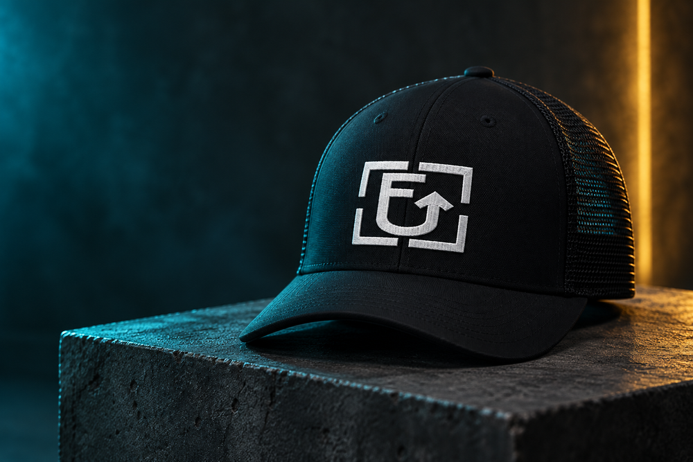 Black FUUP embroidered cap in teal and golden light